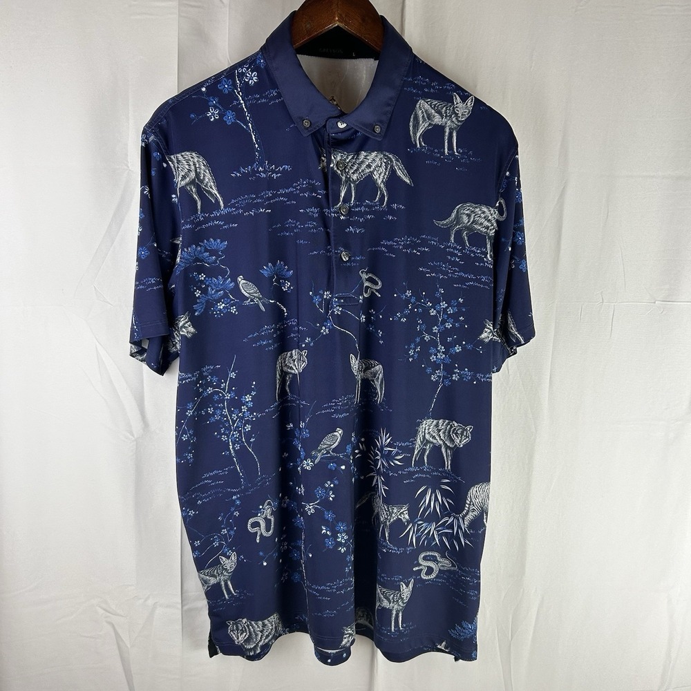 Greyson Golf Shirt Men's Large Blue Magic Emporium Wildlife Wolf Print Patriot